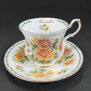 Queen's Fine Bone China November Chrysanthemum Teacup and Saucer Set England
